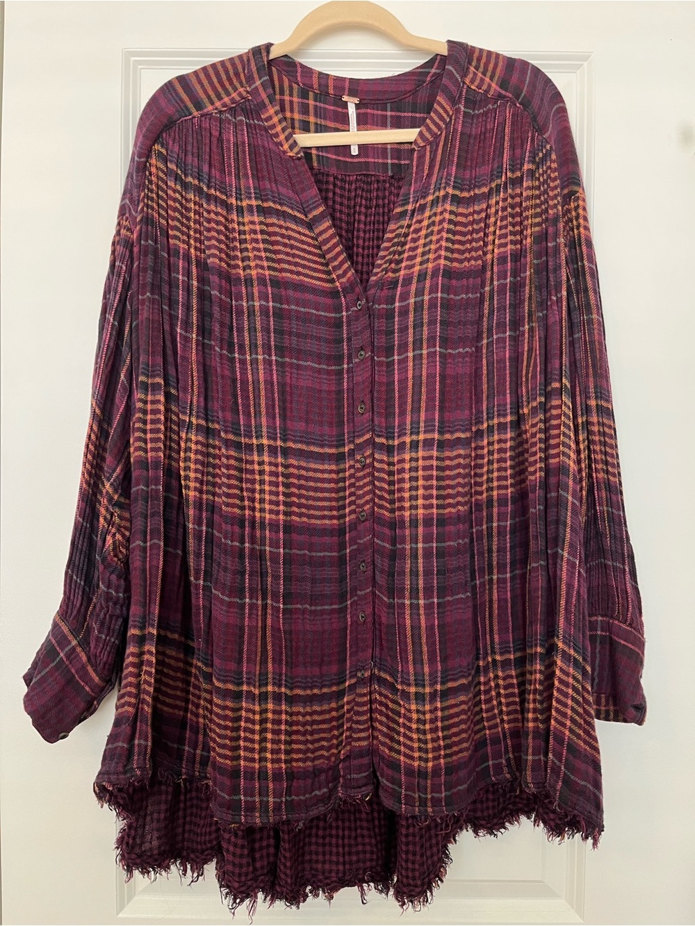 Free People Burgundy Plaid Button-Down Tunic with Mustard Stripes